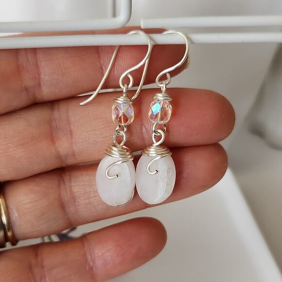 White Amazonite Dangle Earrings / Silver Wire Wrapped Amazonite Drop Earrings - Picture 4 of 12